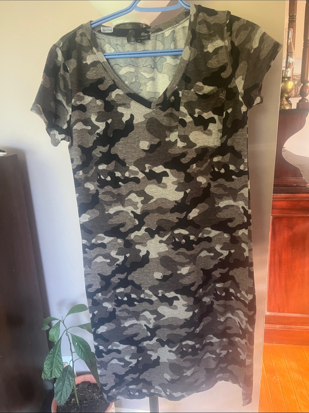 Women's V-Neck Camouflage T-Shirt Sleep Dress - Grey Camo